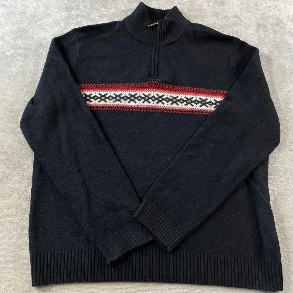 Vintage J Crew 1/4 Zip Sweater Mens XL Black Lambswool Fair Isle Holiday Preppy